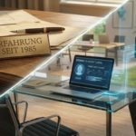 Fotorealistische Montage zweier Arbeitswelten: Ein hölzerner Schreibtisch mit Plänen, Füller und einem Schild „ERFAHRUNG SEIT 1985“ verschmilzt diagonal mit einem modernen Glas-Arbeitsplatz. Auf einem Laptop ist die KI-Schnittstelle „Donna“ zu sehen, von der digitale Datenströme zu einem smarten Türschloss fließen. Durch das Fenster ist ein autonomer Rasenmäher im Garten erkennbar, während im Zimmer ein Saugroboter arbeitet.