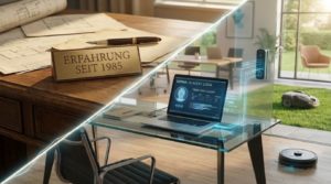 Fotorealistische Montage zweier Arbeitswelten: Ein hölzerner Schreibtisch mit Plänen, Füller und einem Schild „ERFAHRUNG SEIT 1985“ verschmilzt diagonal mit einem modernen Glas-Arbeitsplatz. Auf einem Laptop ist die KI-Schnittstelle „Donna“ zu sehen, von der digitale Datenströme zu einem smarten Türschloss fließen. Durch das Fenster ist ein autonomer Rasenmäher im Garten erkennbar, während im Zimmer ein Saugroboter arbeitet.