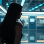 Donna – Executive AI Twin by tizmo: KI-Assistentin in futuristischem digitalen Arbeitsumfeld, elegante Silhouette