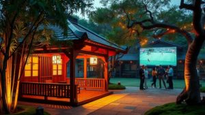 Japanischer Feng Shui Pavillon im Abendlicht — Public Viewing WM 2026 Campus Erlangen