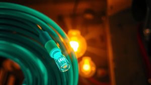 Glasfaserkabel mit warmem Retro-Licht und Teal-Schimmer — Digitalisierung in Deutschland